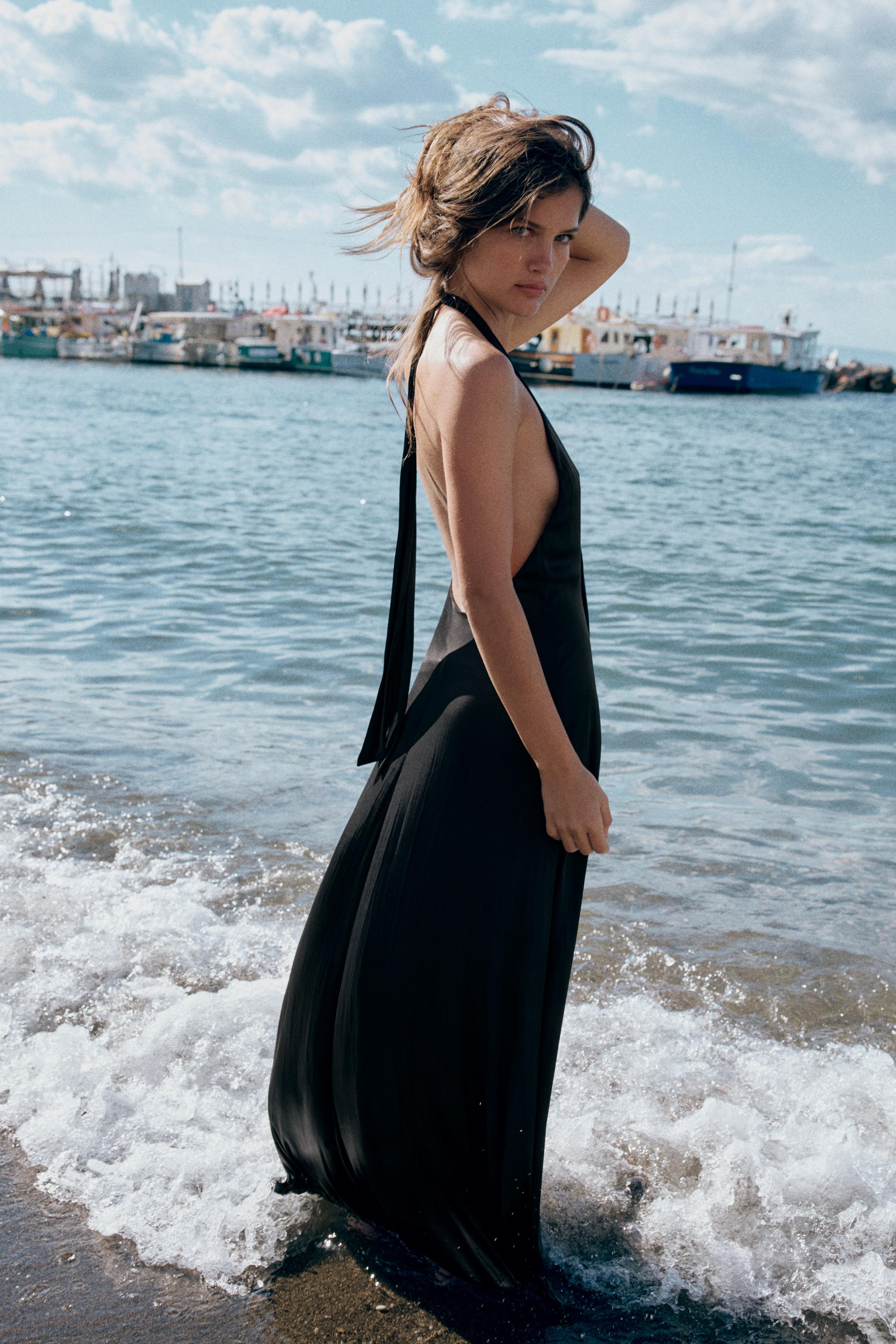 SATIN EFFECT MIDI HALTER DRESS